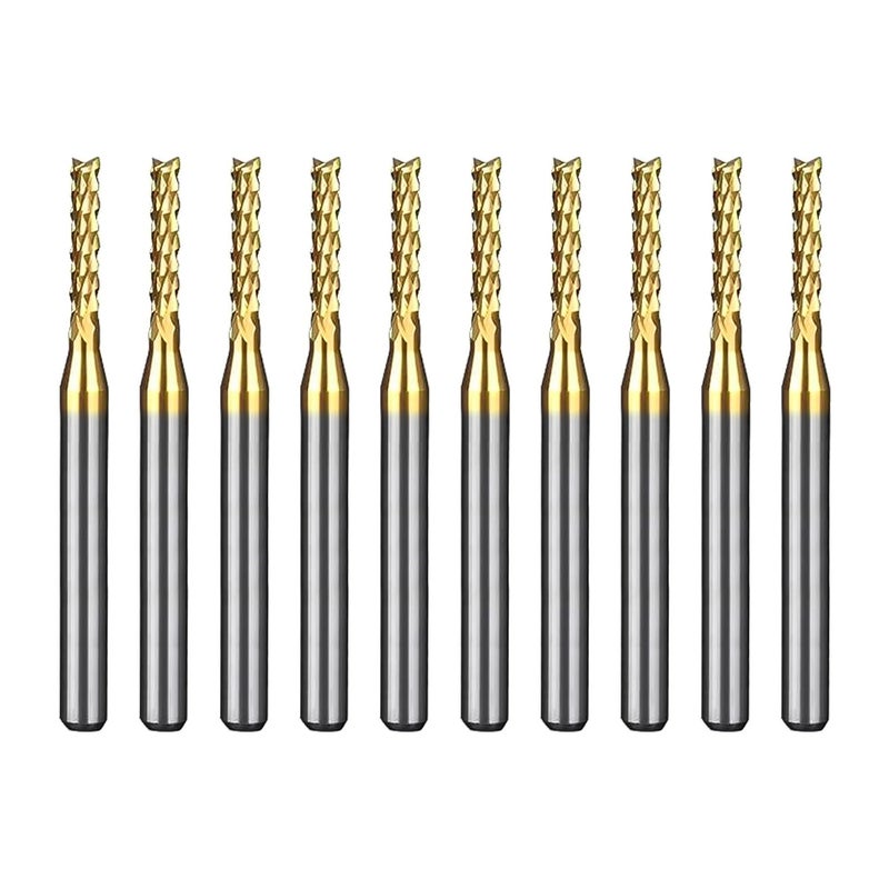 WEXWE Tools 10Pcs 2.0mm TiN Coating Solid Carbide End Mill Engraving Milling Cutter CNC Router Bits for PCB Machine, 1/8" Shank 1BOX - Image 1